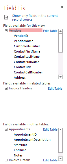 A screen shot of the Field List pane in Access. The top part of the Field List pane contains a list of all the fields in the current view’s record source-Vendors.