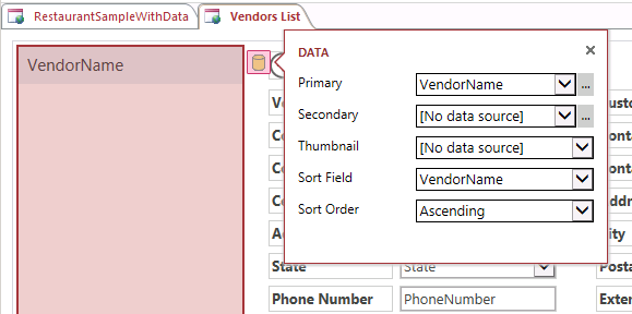 A screen shot of a List Details view in Access. Author clicked the Data charm button. The Data property callout menu displays five properties for the List Control: Primary, Secondary, Thumbnail, Sort Field, and Sort Order.