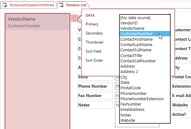 A screen shot of the List Control in Access. Author has clicked the Secondary property, which lists most of the fields in the view’s record source. Author has selected the CustomerNumber field from the drop-down list.