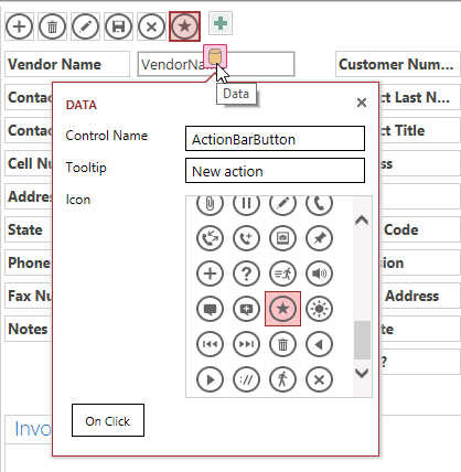 A screen shot of the Data property callout menu for a new custom Action Bar button. The callout contains Control Name and Tooltip text boxes, a list of custom icons, and an On Click button at the bottom.