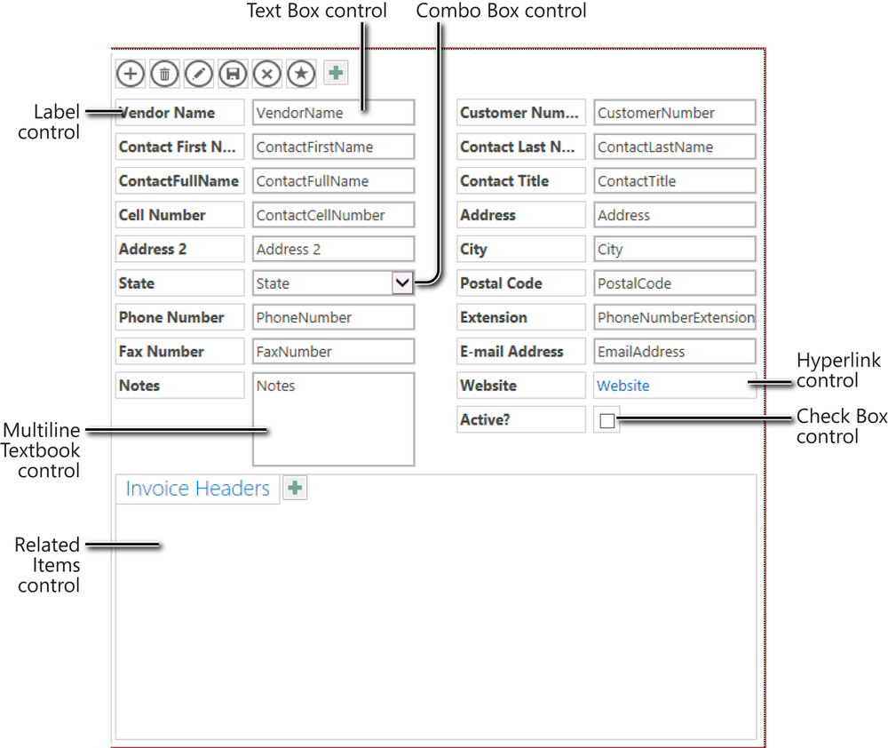 A screen shot of the design grid of the quick-created List Details view for the Vendors table. Different control types for all the fields in the view’s record source are displayed.