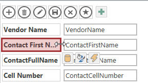 A screen shot of the Contact First Name label control selected on the design grid. A double-arrow pointer is shown on the right edge of this control.