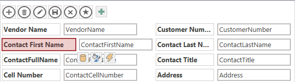 A screen shot of the Contact First Name label control selected on the design grid. The label is now wider than it was previously, and the text box control next to it is further to the right.