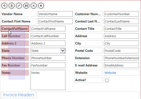 A screen shot of the design grid showing labels and controls for the Vendors table. Author is moving the mouse over a group of labels while holding the mouse key down.