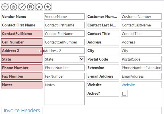 A screen shot of the design grid showing labels and controls for the Vendors table. Author is resizing a group of labels to be wider than their default width.