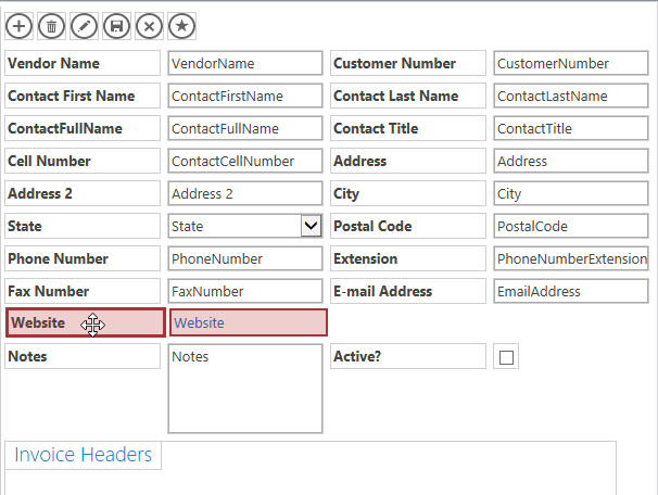 A screen shot of the design grid showing labels and controls for the Vendors table. Author is moving the label and hyperlink control for the Website field beneath the FaxNumber field controls.