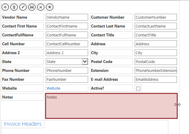 A screen shot of the design grid showing labels and controls for the Vendors table. Author is expanding the width of the Notes control to the right to line up with other controls.