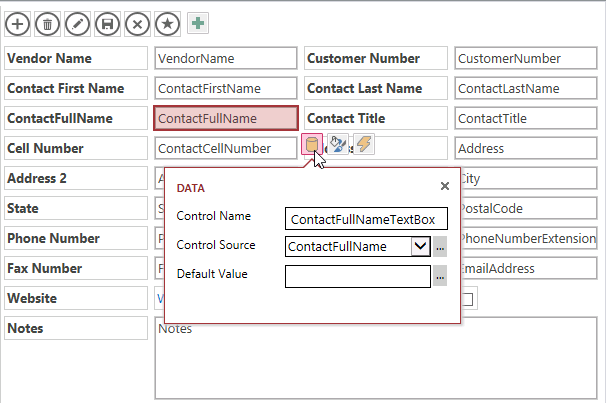 A screen shot of the design grid for the Vendors List view. Author has selected the ContactFullName text box. Three buttons are displayed next to the control, and author has clicked the Data button.