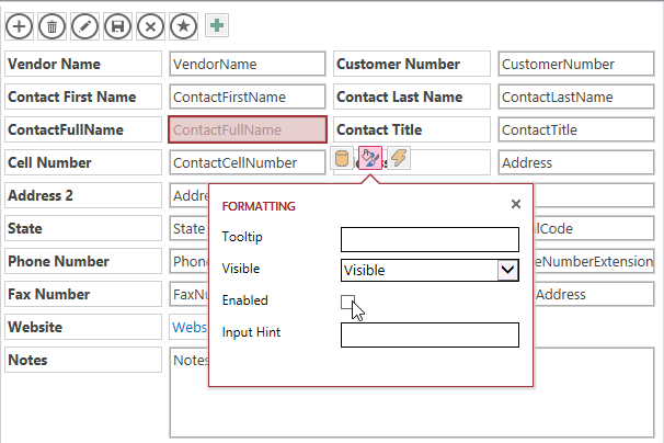 A screen shot of the design grid for the Vendors List view. Author has selected the ContactFullName text box. Three buttons are displayed next to the control, and author has cleared the Enabled property check box on the Formatting callout menu.