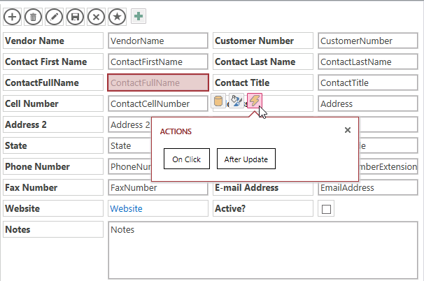 A screen shot of the design grid for the Vendors List view. Author has selected the ContactFullName text box and has clicked the Actions charm button. Two buttons are shown on the Actions callout menu: On Click and After Update.