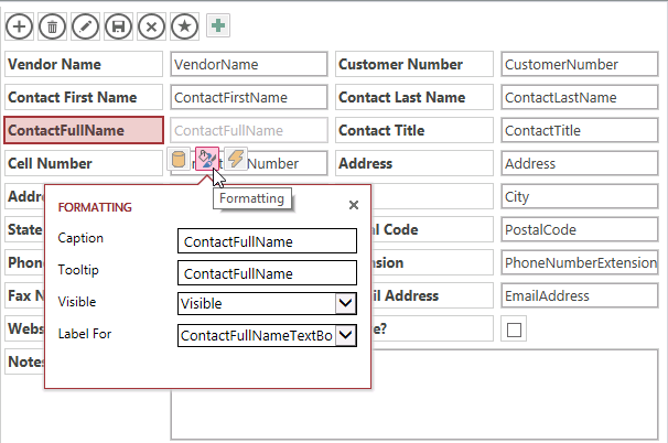 A screen shot of the design grid for the Vendors List view. Author has selected the ContactFullName label control and has clicked the Formatting charm button. Four property options are displayed here: Caption, Tooltip, Visible, and Label For.