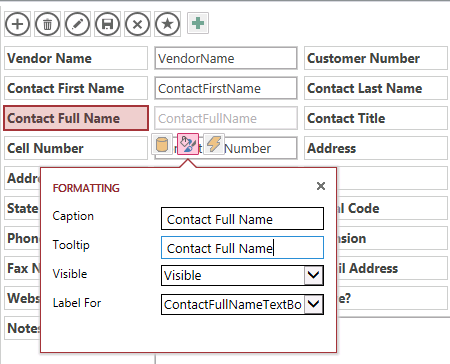 A screen shot of the design grid for the Vendors List view. Author has changed the Caption and Tooltip properties on the Formatting callout menu for the ContactFullName label control so that the text reads Contact Full Name.