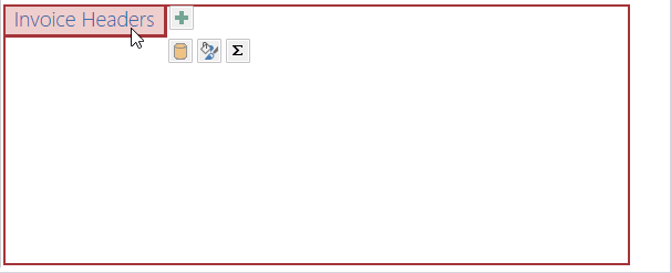 A screen shot of a related items control shown in Design view. This control contains one tab: Invoice Headers. Author has selected this caption and three charm buttons are shown next to it.