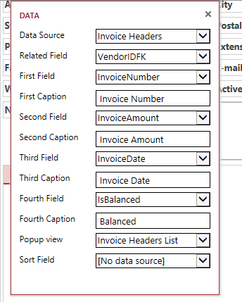 A screen shot of the Data callout menu for a related items control tab. Twelve properties are currently displayed on this callout menu.