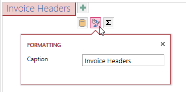 A screen shot of the Formatting callout menu for a related items control tab. Only one property is on this callout menu: Caption. The text for this property is already filled in and reads Invoice Headers.