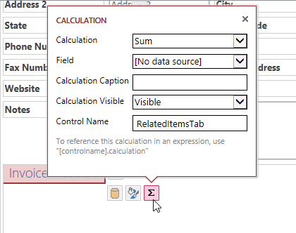 A screen shot of the Calculation callout menu for a related items control tab. Five properties are displayed on this callout menu.