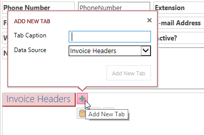 A screen shot of a related items control in Design view. Author has clicked the Add New Tab button to open the Add New Tab callout menu. Two properties are shown the menu: Tab Caption and Data Source.