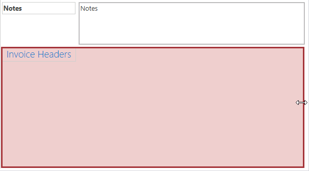 A screen shot of a related items control in Design view. Author is dragging the right edge of the control until it lines up with the Notes control shown above it.