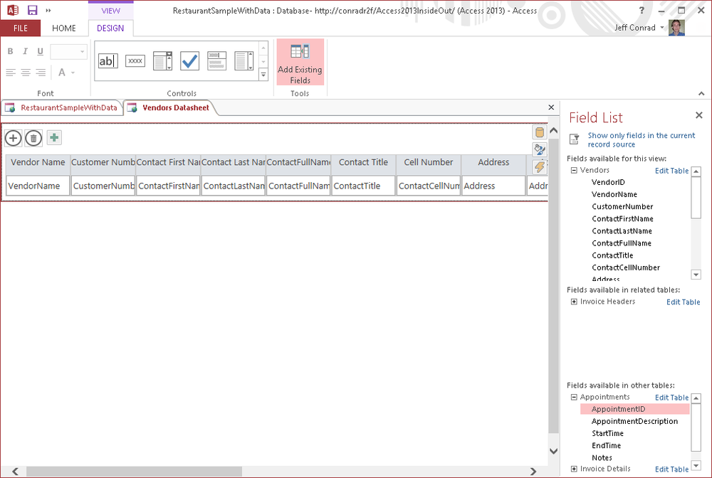 A screen shot of the quick-created Datasheet view for the Vendors table open in Design view. The contextual ribbon for view design is shown along with various controls on the design grid in the middle of the screen and the Field List on the right side of the screen.