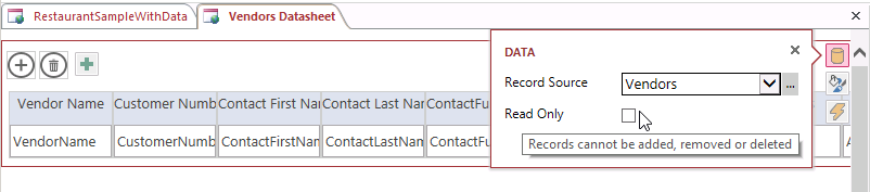 A screen shot of the quick-created datasheet view for the Vendors table open in Design view. Author has clicked the Data view charm button, and two properties are shown in the Data callout menu: Record Source and Read Only. The Read Only property check box is currently cleared.