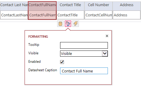 A screen shot of the quick-created datasheet view for the Vendors table open in Design view. The Formatting property callout menu for the ContactFullName is open, and author has updated the text on the Datasheet Caption property.