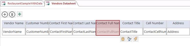 A screen shot of the quick-created datasheet view for the Vendors table open in Design view. The caption for the ContactFullName control now includes spaces, and the control appears dimmed.