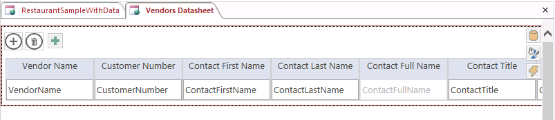 A screen shot of the quick-created datasheet view for the Vendors table open in Design view. Author has expanded each control to be wider than the default width.