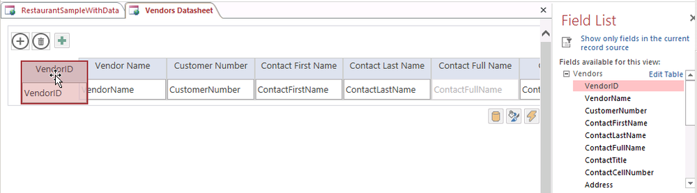 A screen shot of the quick-created datasheet view for the Vendors table open in Design view. Author is dragging the VendorID field from the Field List pane on the right side to the first field position on the grid.