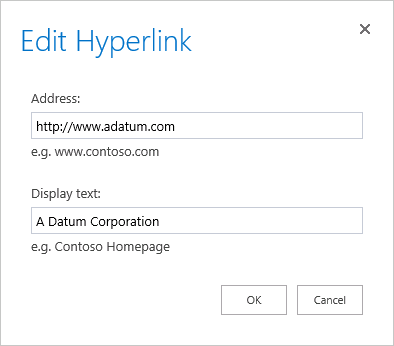 A screen shot of the Edit Hyperlink dialog box shown in a web browser. The Address box contains a web address to a company website. The Display Text box contains the company’s name.