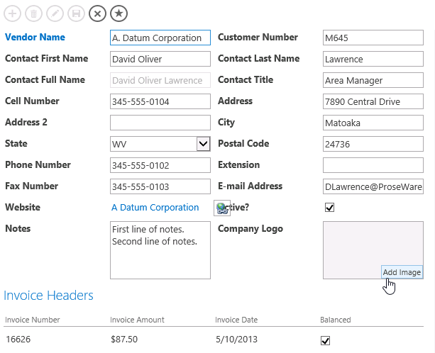 A screen shot of the Vendor List view displayed in edit mode in a web browser. A new image control is now on this view. Inside the control is a small button labeled Add Image.