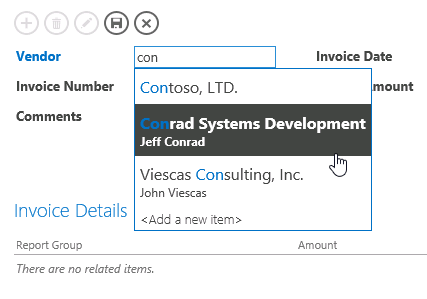 A screen shot of an autocomplete drop-down list. Author typed con into the control, and a drop-down list of three vendor names appears below the control.