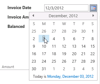 A screen shot of the Date Picker control displayed in a web browser. The control displays one month of days from which you can select a date. Author has selected the third day in the month of December.