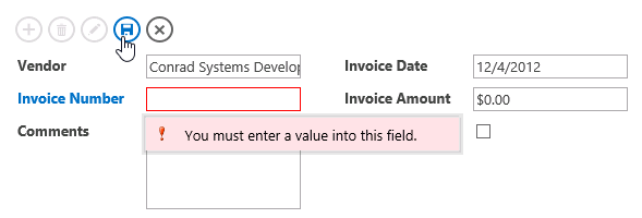 A screen shot of the Invoices List Details view in a web browser. Author has clicked the Save Action Bar button. The Invoice Number text box displays a red border, and an error message is seen beneath the control.