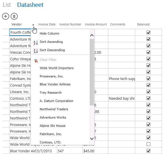 A screen shot of the Datasheet view for the Invoice Headers table. Author has clicked the column header above the Vendor field. A drop-down list appears with many options: Hide Column, Sort Ascending, Sort Descending, Clear Filter, and a list showing each vendor name that appears in the records.