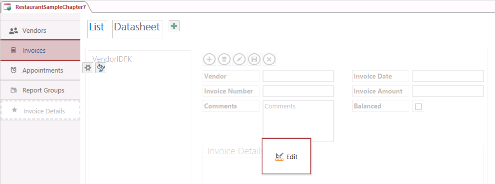 A screen shot of the App Home View for a sample web app displayed within Access. The Invoices table name caption is selected in the Table Selector. List and Datasheet are displayed in the View Selector.