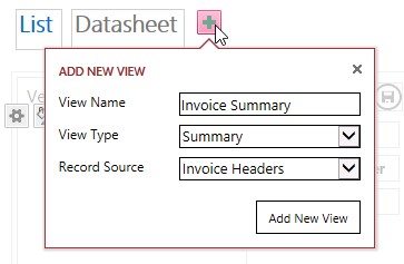 A screen shot of the Add New View menu in Access. View Name, View Type, and Record Source are the three options displayed on the menu.