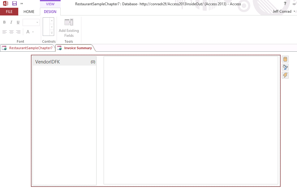 A screen shot of the Invoice Summary view opened in Design view. No ribbon options are available with this view type.