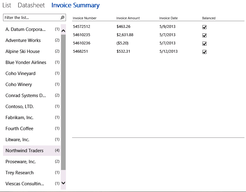 A screen shot of the Invoice Summary view opened in a web browser. A List Control on the left displays the names of vendors. The Northwind Traders vendor is highlighted. Four invoice records for that vendor are displayed on the right side.