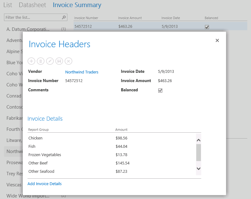 A screen shot of the Invoice Summary view opened in a web browser. Author has clicked the first row on the right side of Summary view, and another view is displayed on top of the first view.