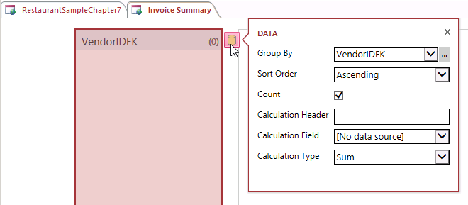 A screen shot of the Invoice Summary view opened in Access. Author has clicked the Data charm button next to the List Control. A property callout menu displays several options: Group By, Sort Order, Count, Calculation Header, Calculation Field, and Calculation Type.