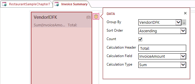 A screen shot of the Invoice Summary view opened in Access. Author entered Total: into Calculation Header property and selected InvoiceAmount in the Calculation Field property.