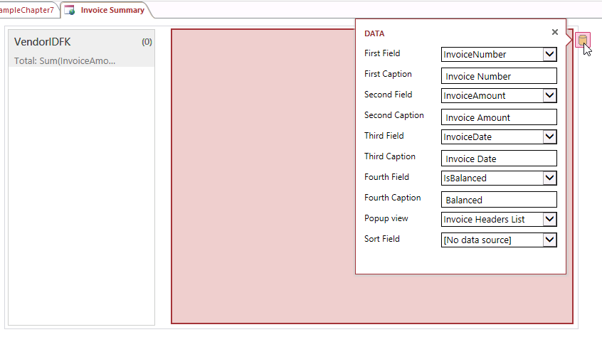 A screen shot of the Data property callout menu for the Invoice Summary view. The callout menu shows properties for four display fields, captions, pop-up view, and sort field.