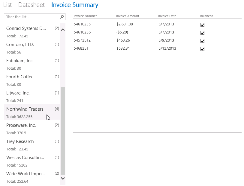 A screen shot of the Invoice Summary view displayed in a web browser. Author has clicked the Northwind Traders item in the List Control.