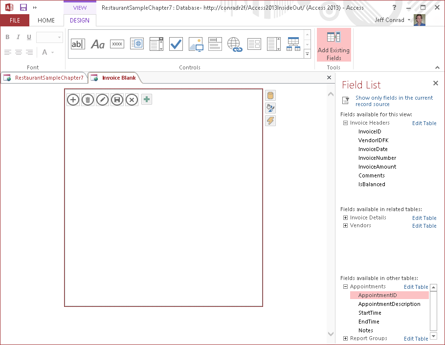 A screen shot of the Invoice Blank view opened in Design view. The design area displays only five built-in Action Bar buttons.