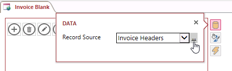 A screen shot of the Invoice Blank view opened in Design view. Author has clicked the Build button on the Data property callout menu.