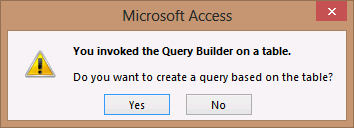 A screen shot of a confirmation message in Access. The message asks whether you want to build a query based on the table. Yes and No buttons are provided.