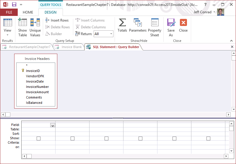 A screen shot of a new query is shown open in Design view. The Invoice Headers table and its field names are listed in the upper part of the query window. No output fields are currently visible in the design grid.