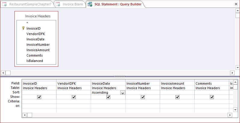 A screen shot of a new query is shown open in Design view. The Invoice Headers table and its field names are listed in the upper part of the query window, and all fields are currently visible in the design grid, with InvoiceDate showing as sorted Ascending.