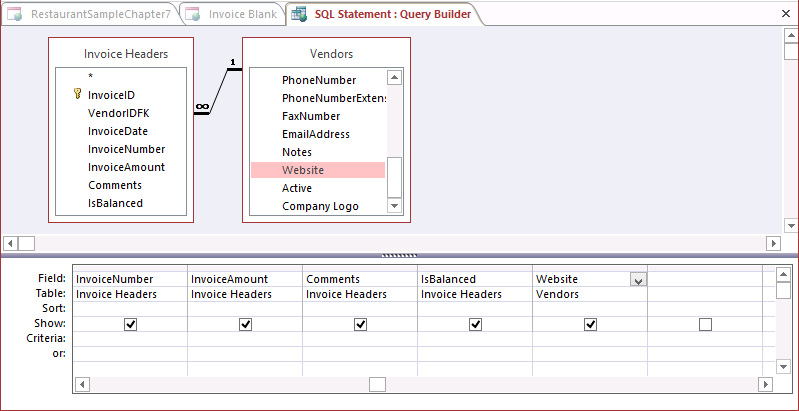 A screen shot of a new query is shown open in Design view. The Invoice Headers and Vendors tables and their field names are listed in the upper part of the query window. The Website field from the Vendors table has been added to the design grid.