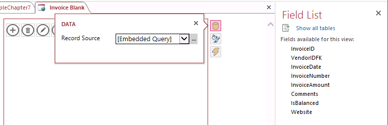 A screen shot of the Invoice Blank view opened in Design view. The Record Source property displays [Embedded Query]. The Field List is shown to the right with the field names from the query.